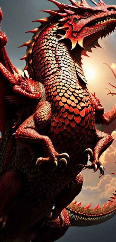 A majestic red dragon soaring against a dramatic sky.