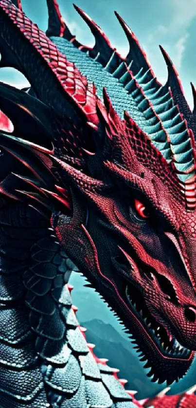 Detailed artwork of a red dragon in a fantasy setting with a mountainous backdrop.