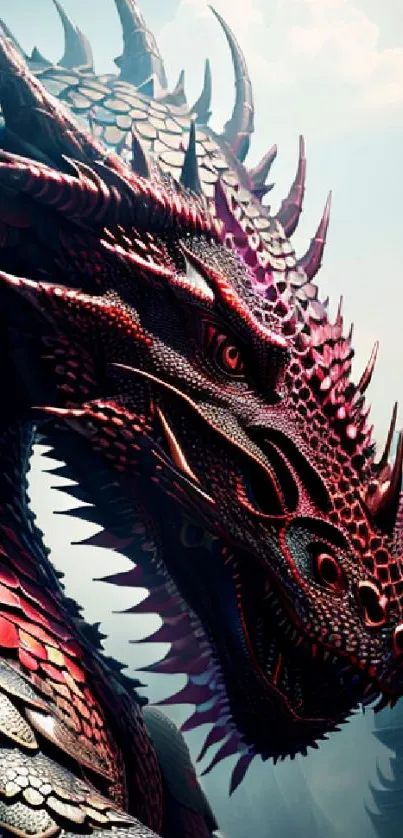 Majestic red dragon with intricate scales in a fantasy medieval setting.