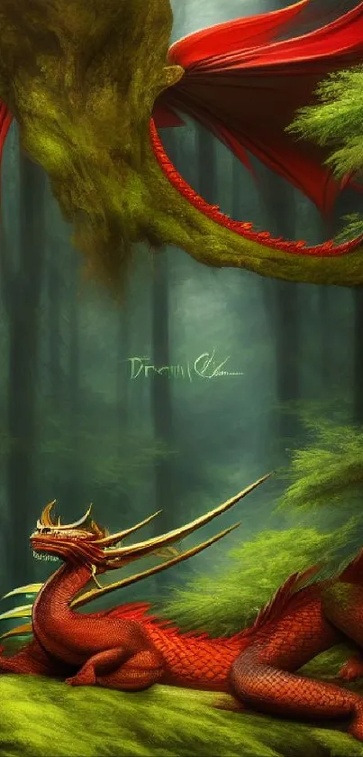 Majestic red dragon rests in a mystical forest, capturing fantasy in vivid detail.