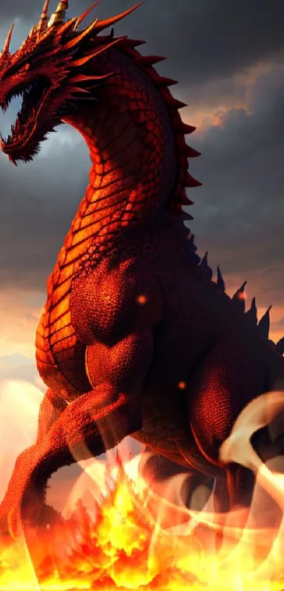 Majestic red dragon in a fiery landscape with dramatic skies.