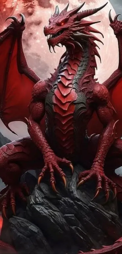 Red dragon perched on rocks with moonlit sky background.