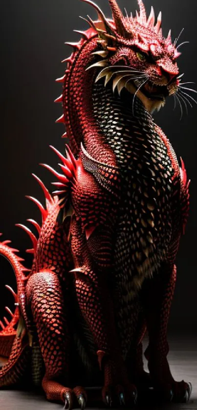 Majestic red dragon with intricate scales and dark background.