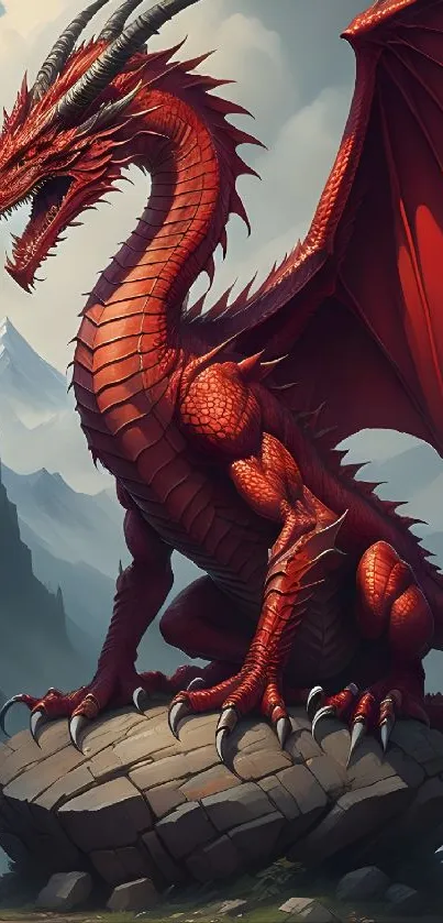 Majestic red dragon perched on a rock in a scenic mountain landscape.