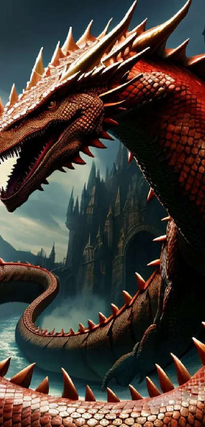 Majestic red dragon with castle background, perfect for fantasy enthusiasts.