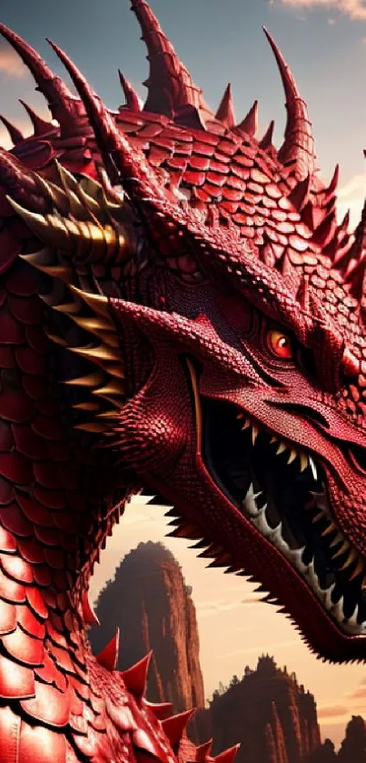 Majestic red dragon with vibrant scales and scenic background.