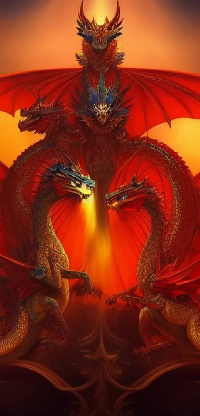 Four majestic red dragons with intricate details against a fiery background.