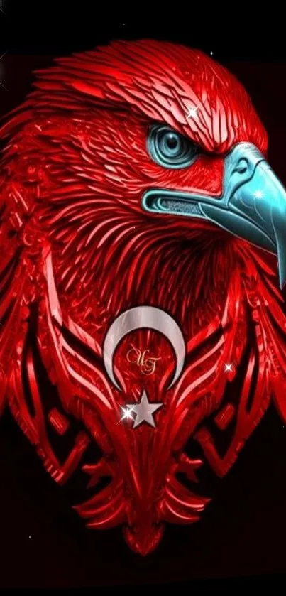 Majestic red eagle with intricate details and dark background.