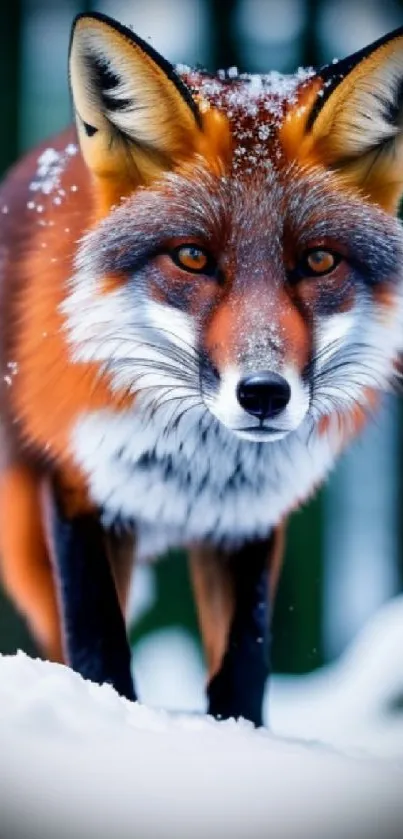 Majestic red fox standing in snowy forest with striking orange fur.