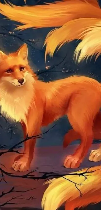 Illustration of a majestic red fox with a bushy tail in a forest setting.