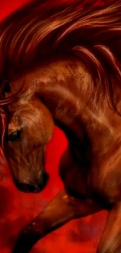 Majestic horse with flowing mane on red background.