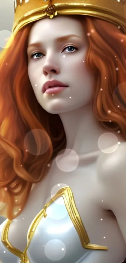 Fantasy art with majestic red-haired queen wearing a crown.