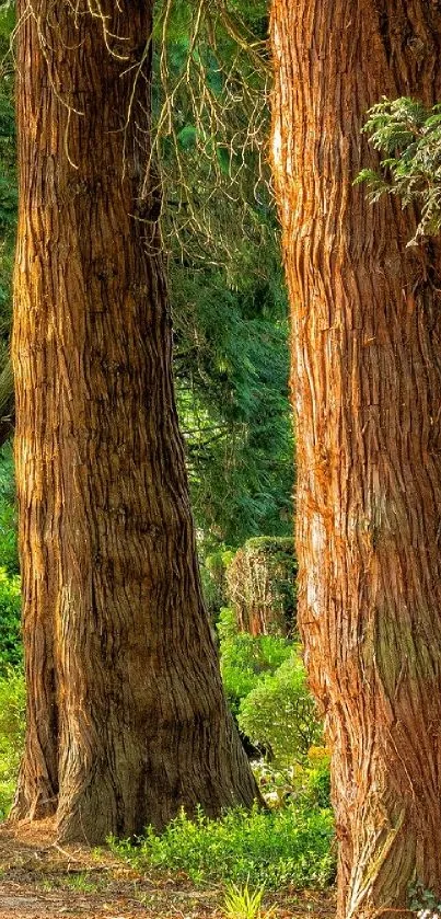 Tall redwood trees in a serene forest setting.