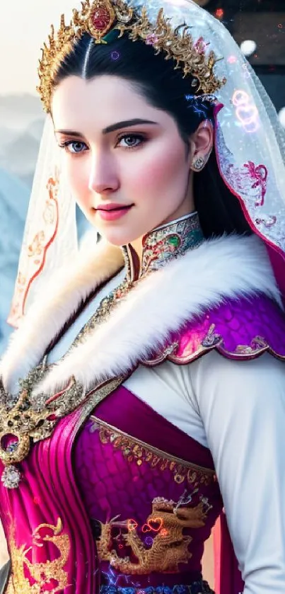 Regal princess in purple dress with snowy mountain background.