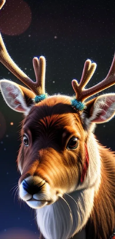 Majestic reindeer with festive antlers on a starry night background mobile wallpaper.