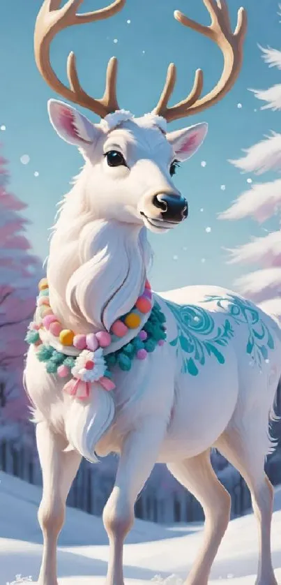 Majestic reindeer with festive garland in snowy winter forest.