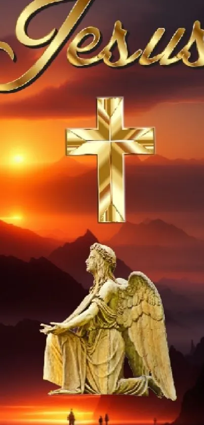 Mobile wallpaper with a golden cross and angel over a sunset.