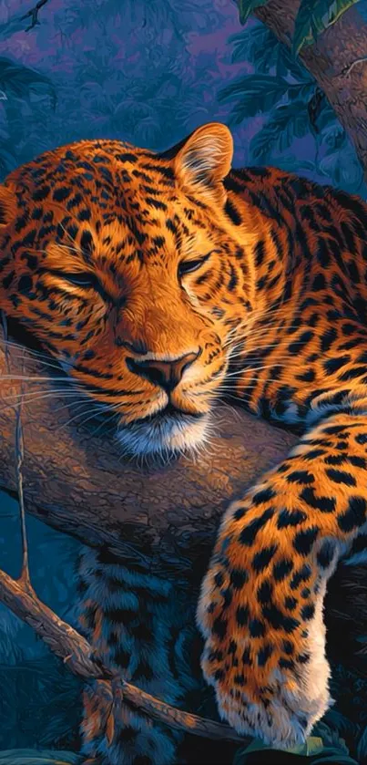 Leopard resting peacefully on a tree branch in a calm forest setting.