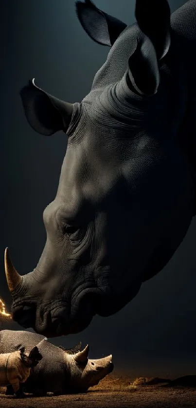 Majestic rhinoceros in a dark artistic setting with lightning accents.