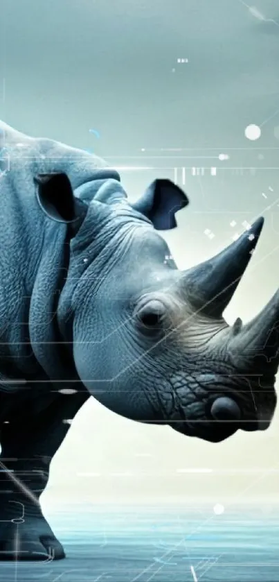 Majestic rhino in a serene, blue-themed mobile wallpaper.