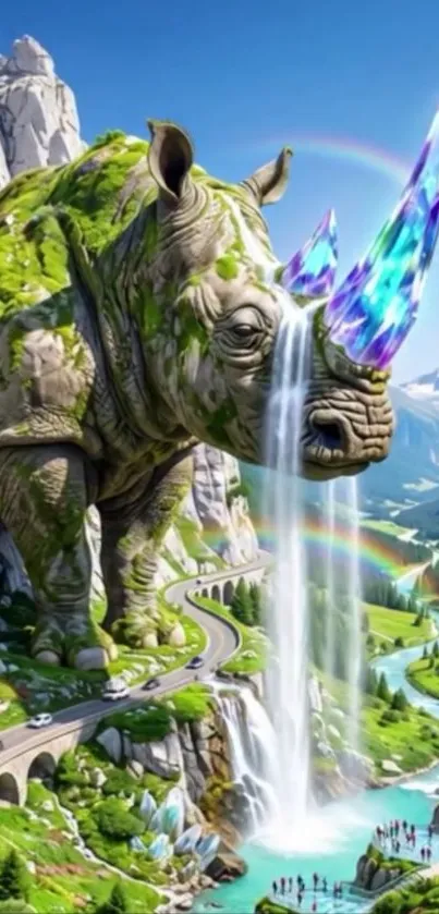 Majestic rhinoceros with crystal horns waterfall in fantasy landscape.