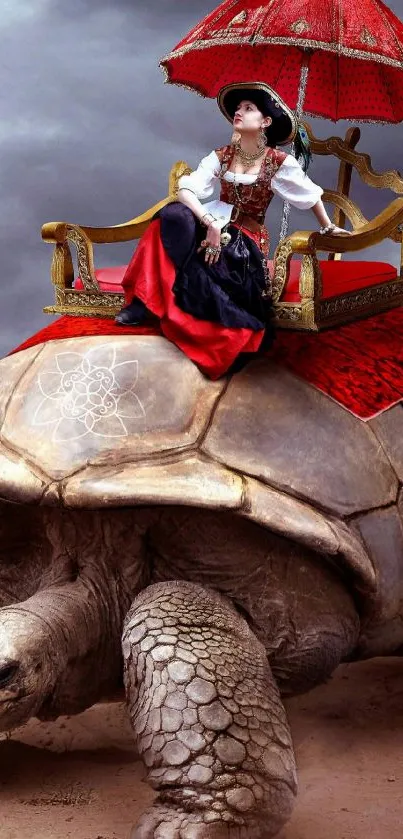 Fantasy art of woman on a tortoise with a red parasol.