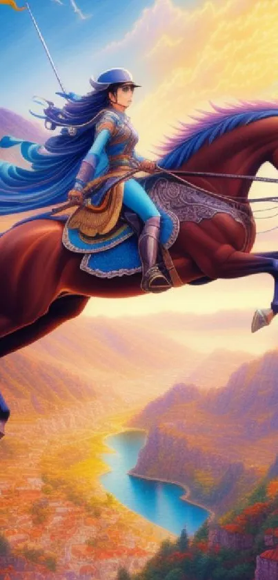 Fantasy art wallpaper of a rider on horseback at sunset.