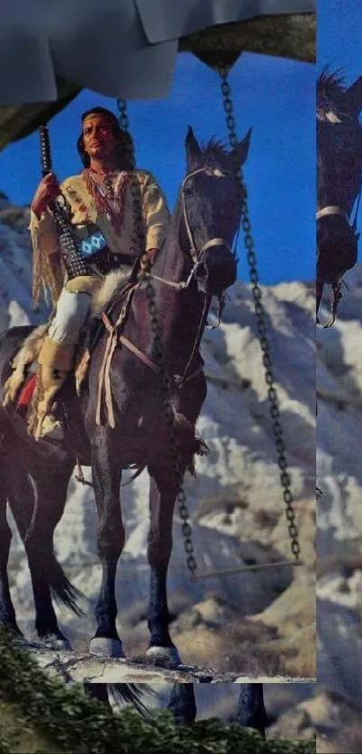 Rider on horseback against a desert backdrop of rocky cliffs and a blue sky.