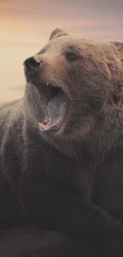 Roaring bear in nature-themed mobile wallpaper.