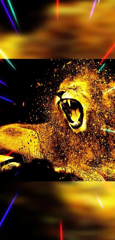 A roaring lion amidst vibrant colors and dynamic motion in a mobile wallpaper.