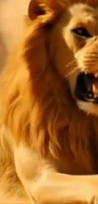 Roaring lion in the wild, golden mane flowing.