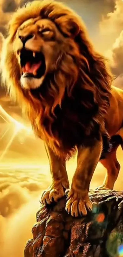 A majestic lion roaring on a rock against a golden sky background.