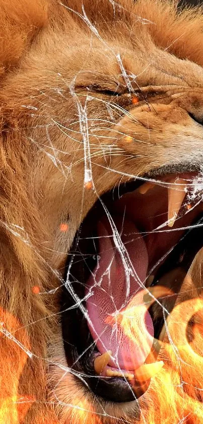 Majestic lion roaring in stunning wallpaper with golden brown mane.