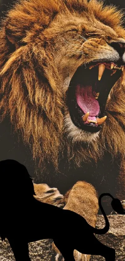 Roaring lion wallpaper with dark silhouette.