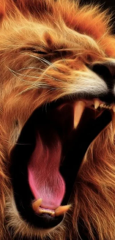 A stunning roaring lion with a vibrant mane against a dark background.