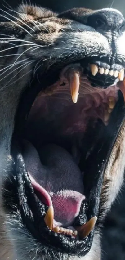 Close-up of a roaring lion with open mouth and sharp teeth.