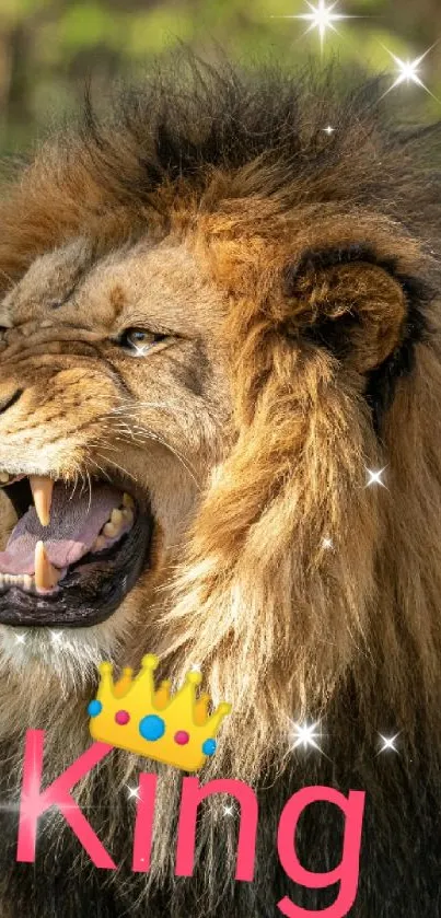 Roaring lion with crown labeled 'King' in golden brown backdrop.