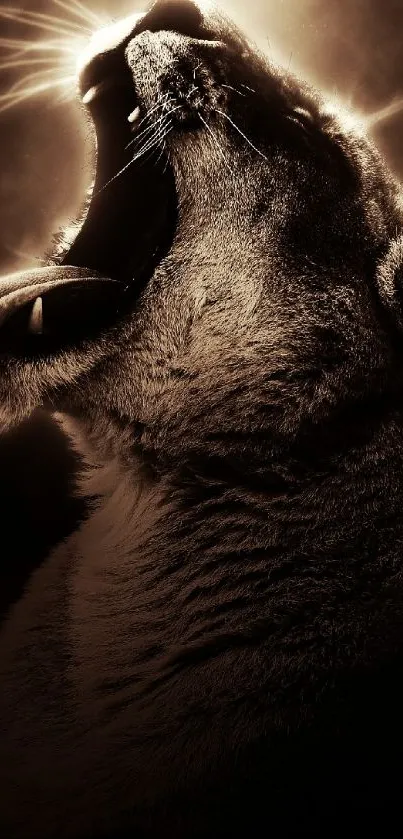 Roaring lion captured in a dramatic and dark-tone mobile wallpaper.