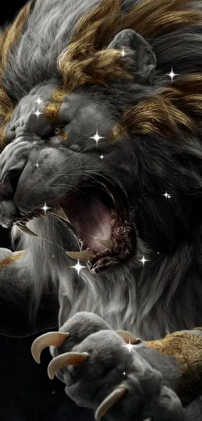 Fierce roaring lion with sparkling mane and intense expression.