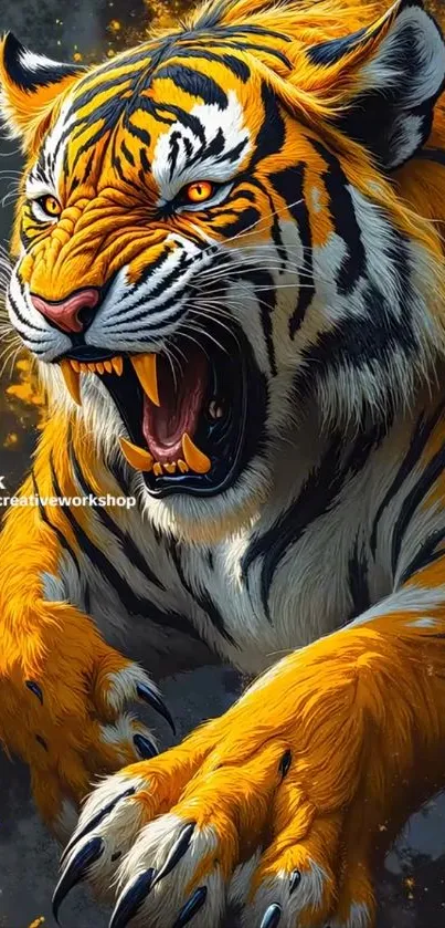 Fierce roaring tiger in digital artwork with vibrant orange colors.