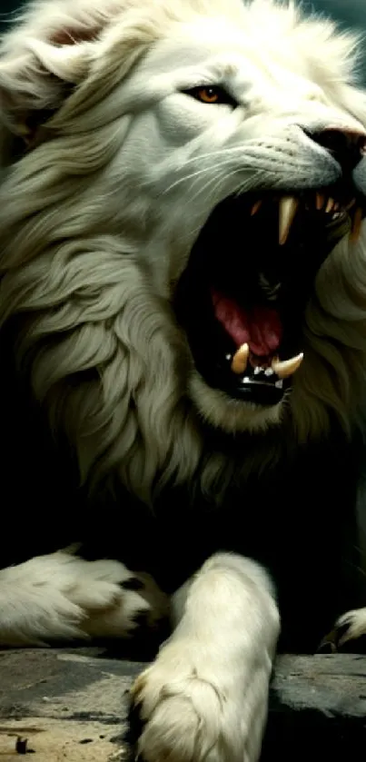 Roaring white lion mobile wallpaper, showcasing wildlife majesty.