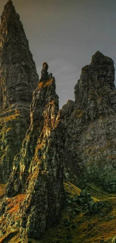 Majestic rock formations under a vibrant sky landscape.