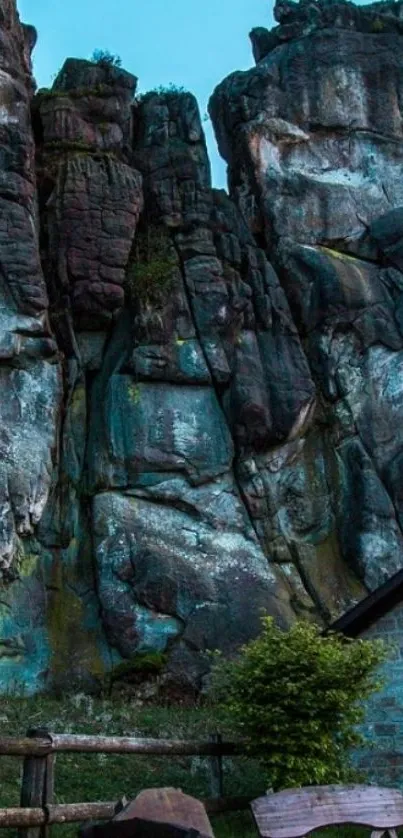 Majestic rock formation under a twilight sky.