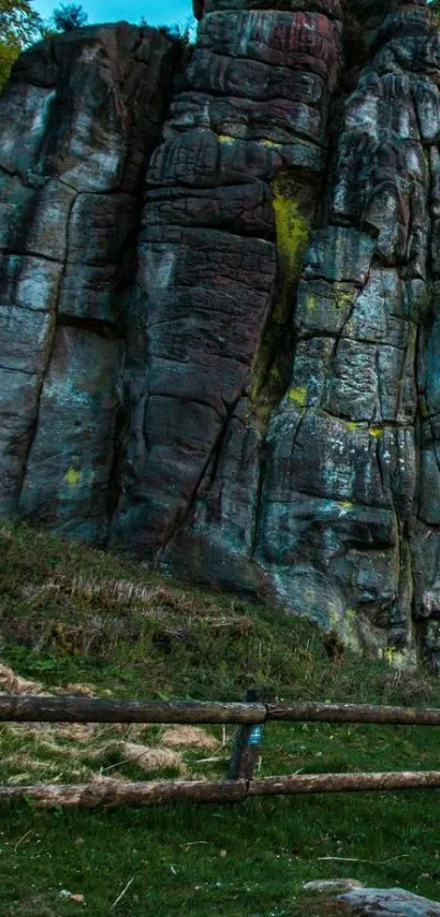 Majestic rock formation with greenery background.