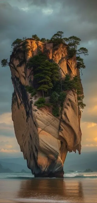 Majestic rock formation with dramatic sunset skies over the ocean.