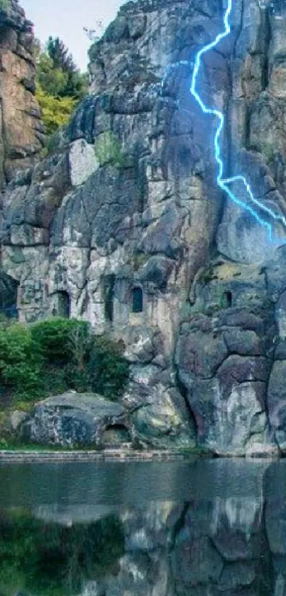 Majestic rock formation with blue lightning on a serene lake backdrop.