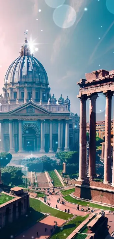 St. Peter's Basilica in Rome with a clear blue sky.