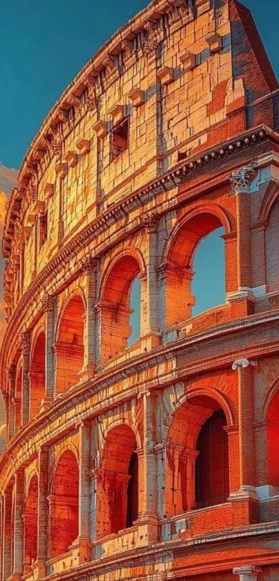 Roman Colosseum at sunrise with vibrant orange sky.
