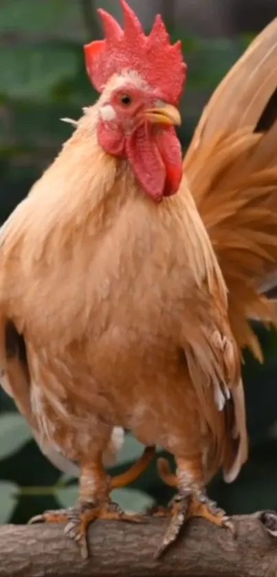 Majestic rooster standing on branch amidst greenery.