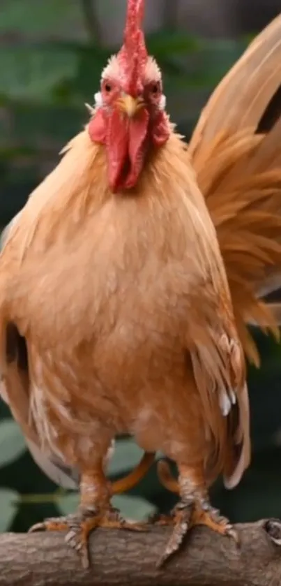 A majestic rooster with vibrant feathers perched on a branch.